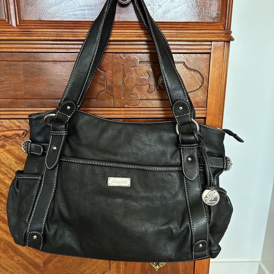 Grace Adele Leather Black Shoulder Bag with White Stitching