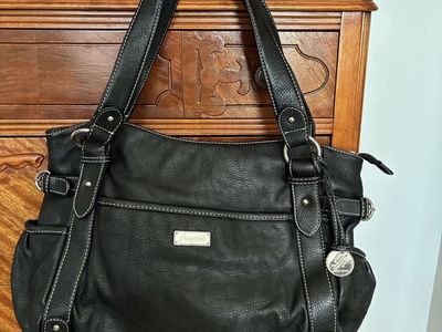Grace Adele Leather Black Shoulder Bag with White Stitching