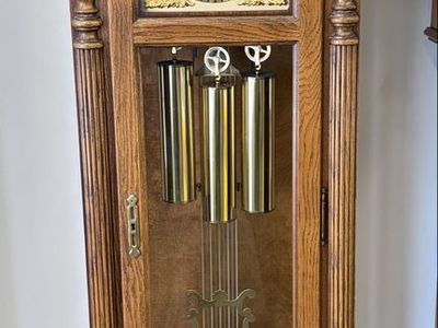 Howard Miller Grandfather Clock: Traditional Oak Finish, Brass Dial, Triple Chime | Original Papers | Recently Serviced