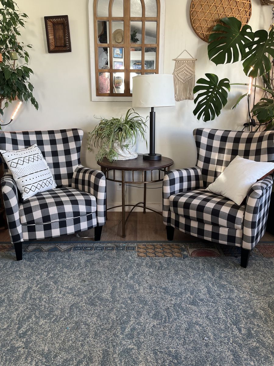 Farmhouse fabric chair Set- wingback checkers
