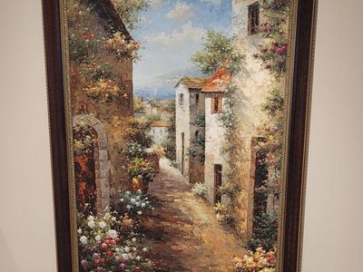 Ravimona Mediterranean Town Seascape Oil Painting, Framed Textured Wall Art