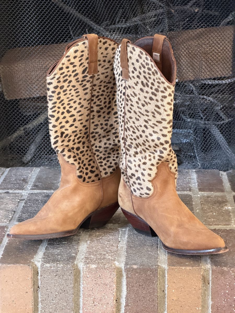 Vintage Leopard Print Calf Hair & Tan Suede Western Cowboy Boots Size 10 B