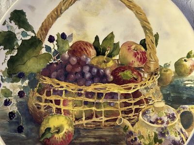 Dinner Plate Santa Barbara Ceramic Design Judy Buswell 2000 Fruit Basket Teapot Still-Life Art