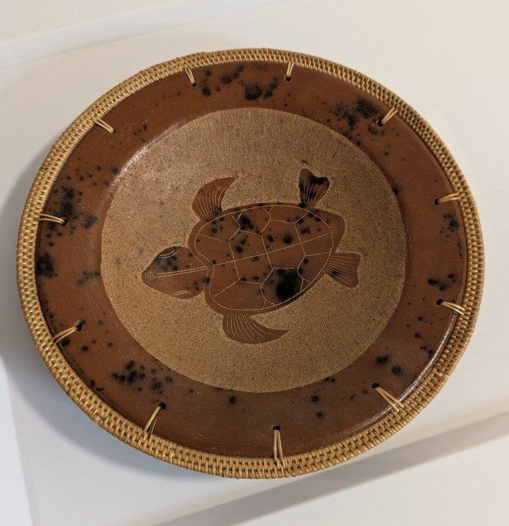 vintage redware pottery bowl with sea turtle