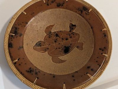 vintage redware pottery bowl with sea turtle