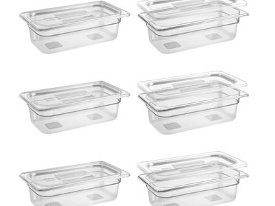 Commercial Food Prep Containers Clear Plastic 1/6 Size Freezer Safe Pans with Lids (6-Pack)