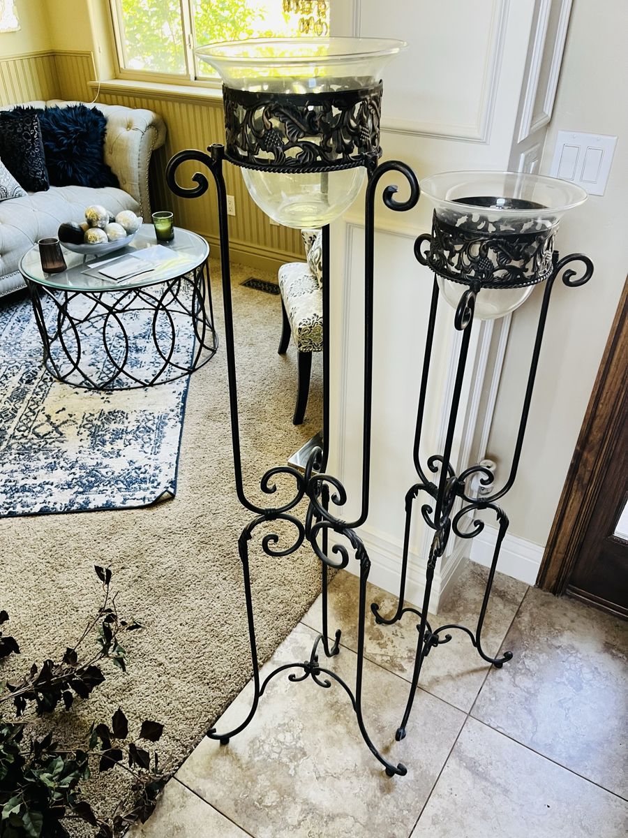 Wrought Iron & Glass Floor Candlestick Holders - Set of 2, Tall & Short, Ornate Black Scrollwork