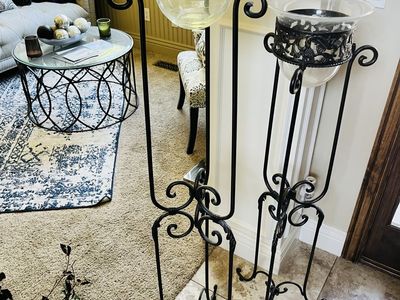 Wrought Iron & Glass Floor Candlestick Holders - Set of 2, Tall & Short, Ornate Black Scrollwork