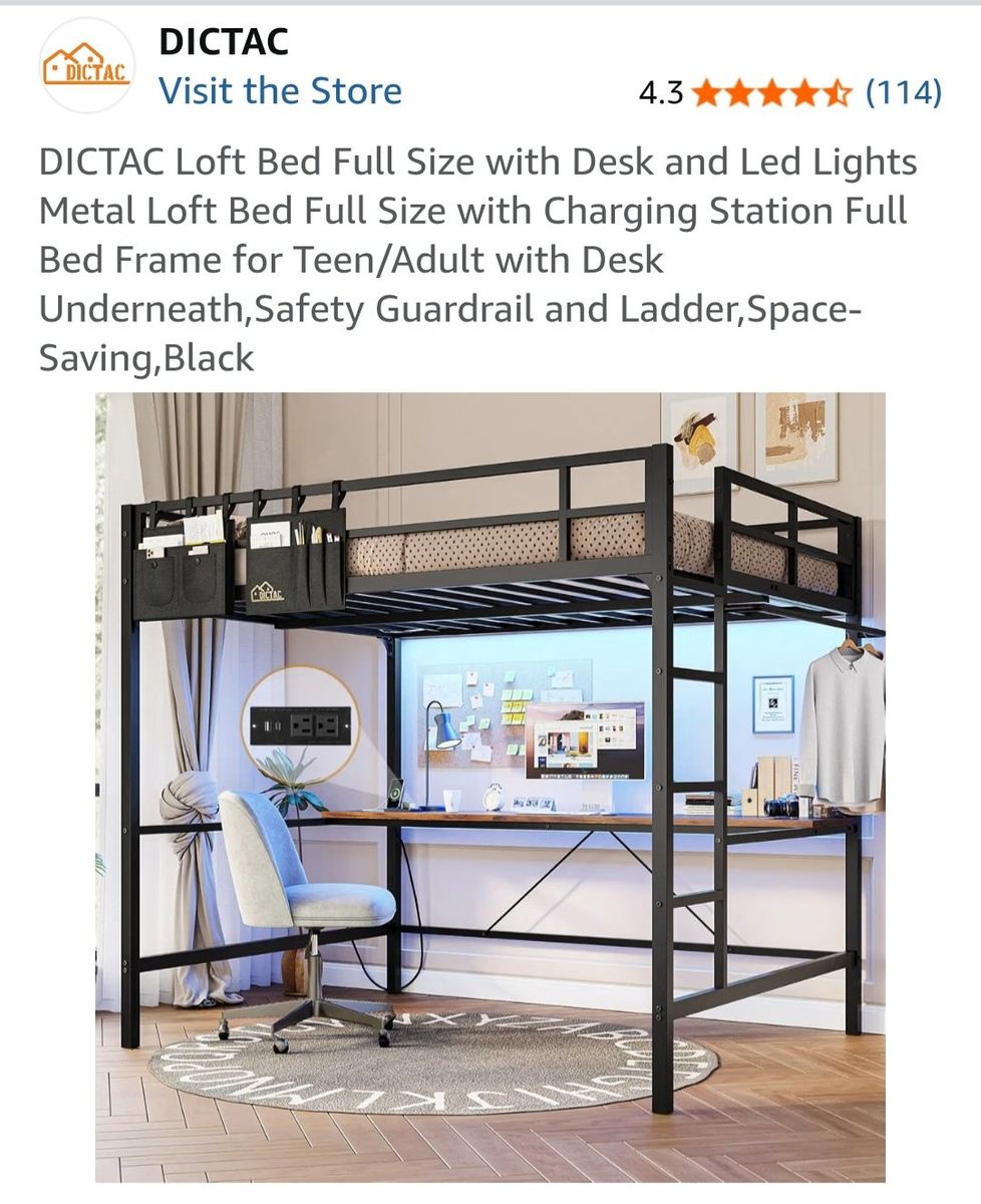DICTAC Full Size Metal Loft Bed with Desk, LED Lights, Charging Station, Ladder & Guardrail - Black