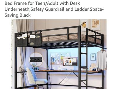 DICTAC Full Size Metal Loft Bed with Desk, LED Lights, Charging Station, Ladder & Guardrail - Black
