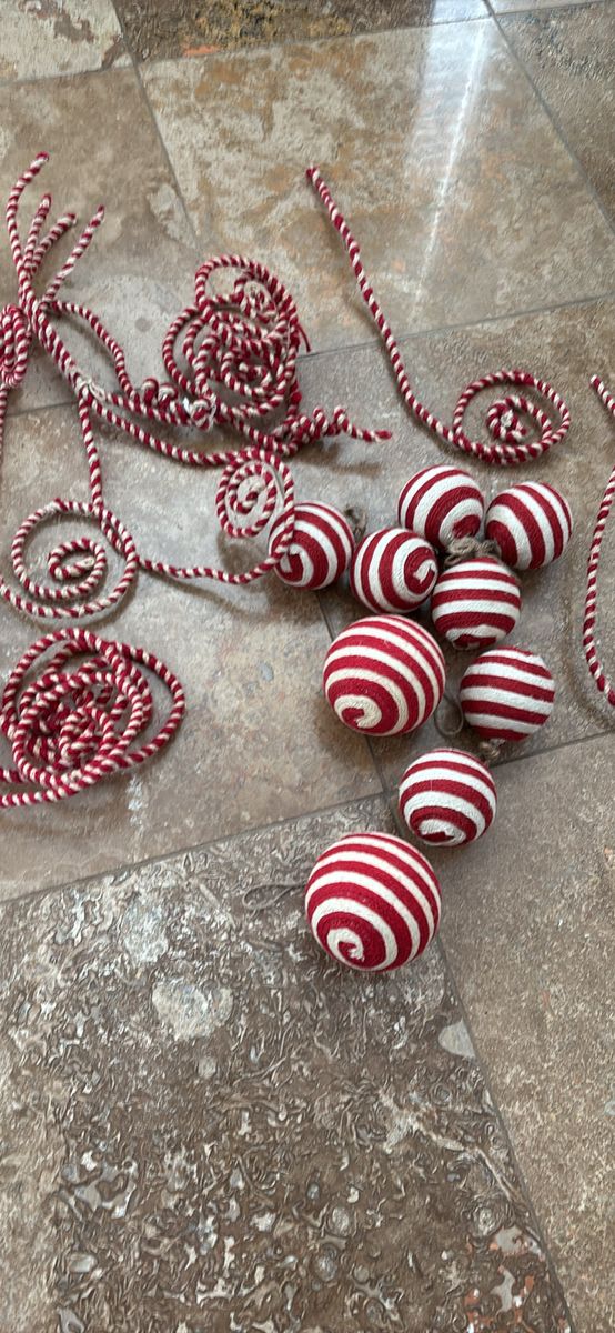 Red & White Striped Christmas Decor: 8 Ornaments & Rope Garland Set - Holiday Home Accents