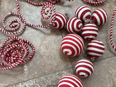 Red & White Striped Christmas Decor: 8 Ornaments & Rope Garland Set - Holiday Home Accents