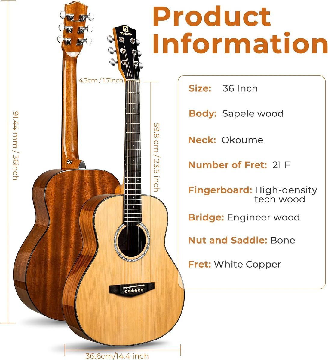 Vangoa 3/4 Steel-String Acoustic Guitar, 36 Inch Acustica