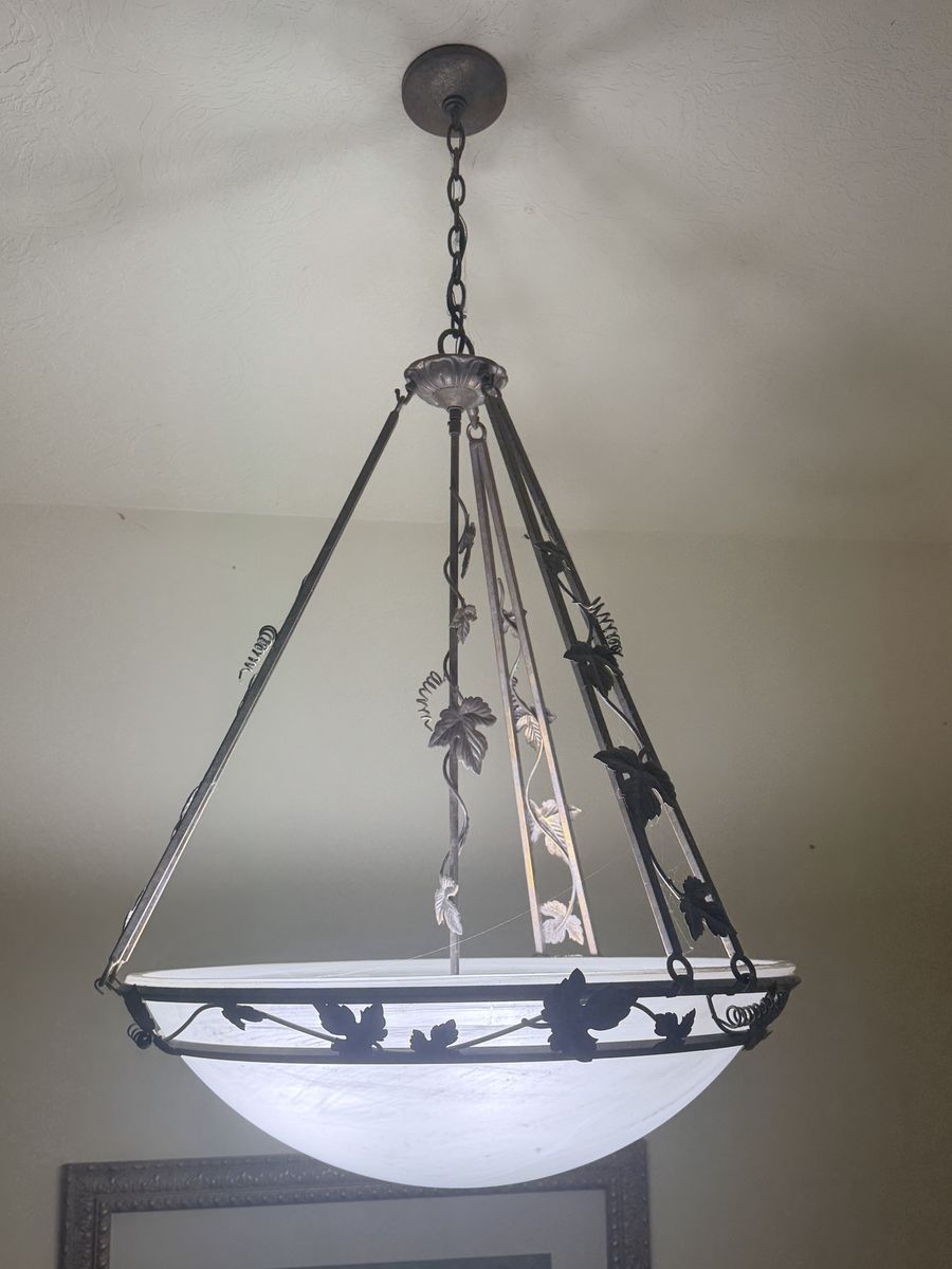Decorative Iron Hanging Chandelier with Frosted Bowl Shade - Grapevine Leaf Design