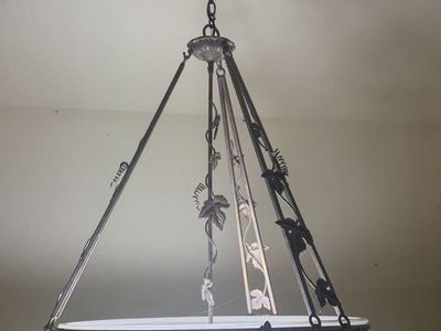 Decorative Iron Hanging Chandelier with Frosted Bowl Shade - Grapevine Leaf Design