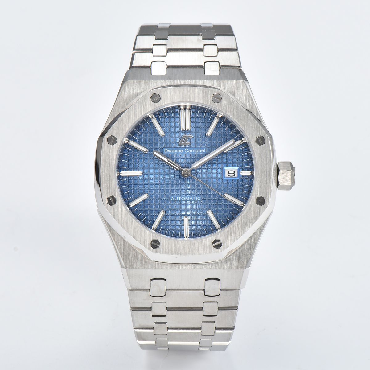 Stunning Dwayne Campbell Automatic Sports Watch featuring a striking ice-blue textured tapisserie dial. 