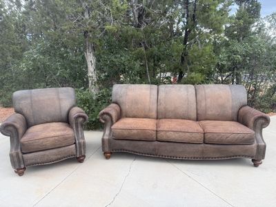 Leather Sofa & Push-Back Recliner Set – Rustic Brown