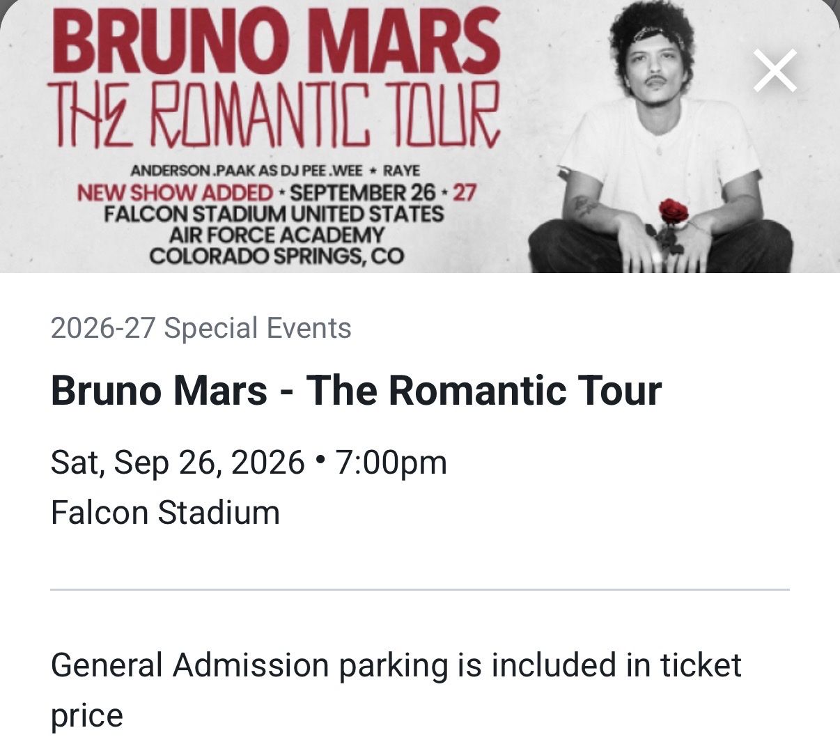 Bruno Mars - The Romantic Tour Tickets - Falcon Stadium Sep 26, 2026 - Section FL:H, Row 8 $679 each