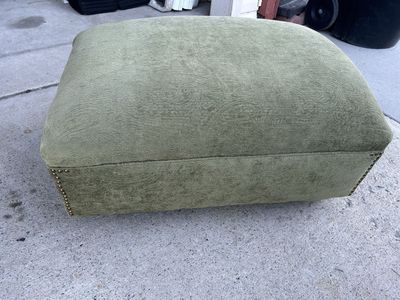 Vintage Green Padded Upholstered Green Fabric Ottoman With Riveted or Nail Heads Edges, 34x22x16