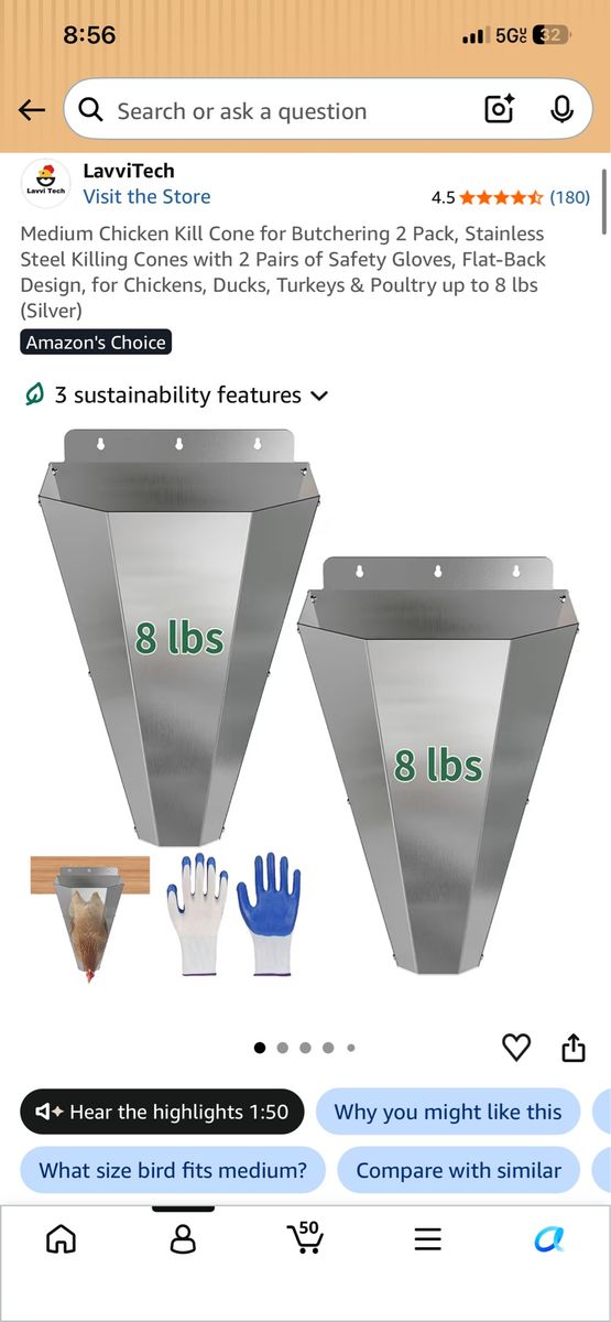 LavviTech Medium Stainless Steel Chicken Kill Cones (2-Pack) with Safety Gloves