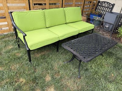 Outdoor Patio Couch & Coffee Table Set - 3-Seater Black Metal Frame with Green Cushions