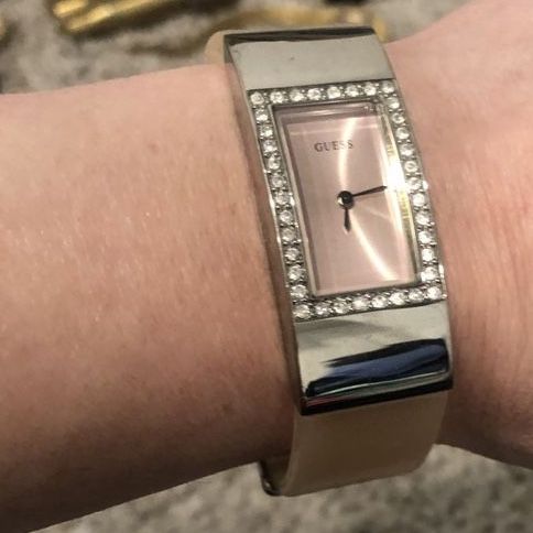 GUESS Silver-Tone Rhinestone Pink Face Bangle Watch - Small/Medium - Elegant Fashion Accessory