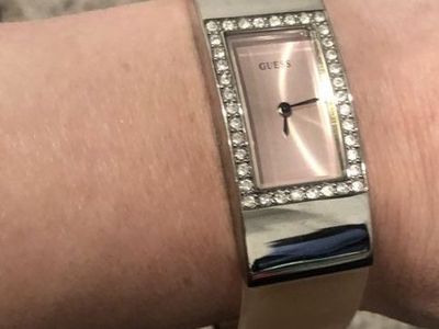 GUESS Silver-Tone Rhinestone Pink Face Bangle Watch - Small/Medium - Elegant Fashion Accessory