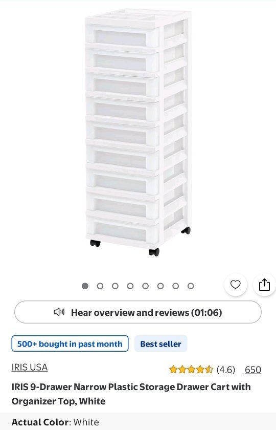IRIS USA 9-Drawer Narrow Plastic Storage Drawer Cart with Organizer Top, White