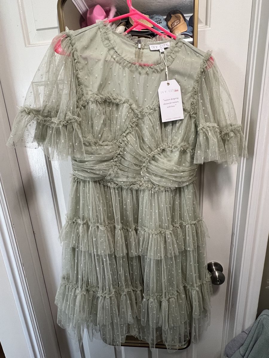 Ivy City Co. Ruffled Tulle Dress Sage Green Size Large