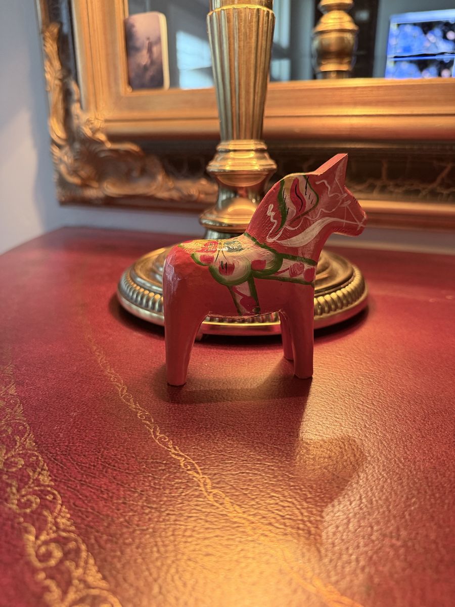 Hand-Carved Wooden Dala Horse Figurine, Red with Floral Motif - Small Swedish Folk Art