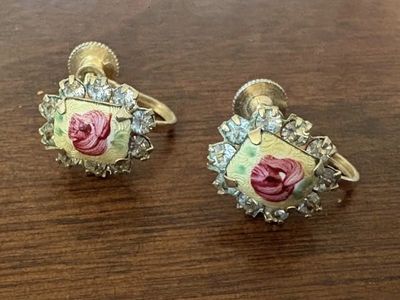 Vintage Enamel Rose Screw Back Earrings
