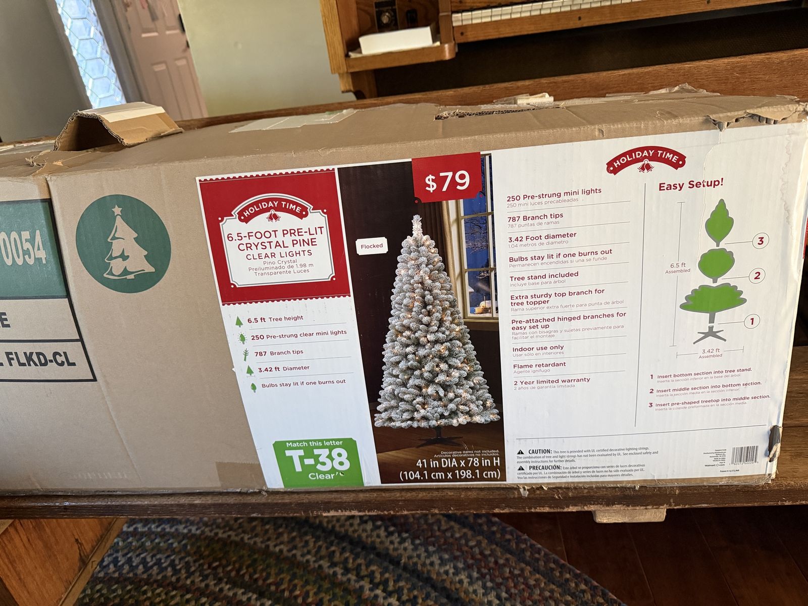 Holiday Time 6.5ft Pre-Lit Flocked Crystal Pine Artificial Christmas Tree Clear Lights