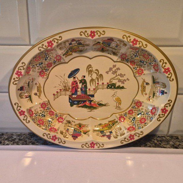 Vintage Daher Decorated Ware Tin Tray Oval Asian Chinoiserie Floral Made in England