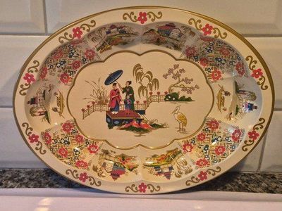 Vintage Daher Decorated Ware Tin Tray Oval Asian Chinoiserie Floral Made in England