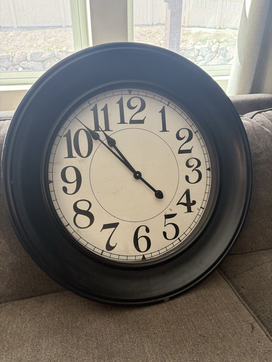 Pottery Barn Large Round Wall Clock - Black Frame, White Face - Distressed Finish, 26 1/2-inch Diameter