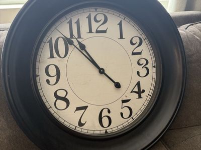 Pottery Barn Large Round Wall Clock - Black Frame, White Face - Distressed Finish, 26 1/2-inch Diameter