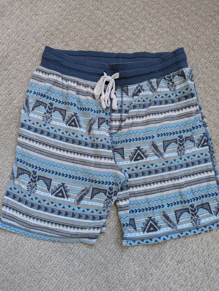 Men's Blue Aztec Print Drawstring Casual Shorts, size L 36-38