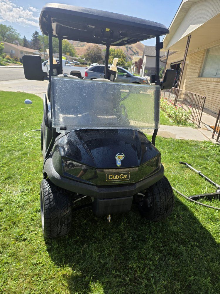 Club Car Tempo Golf Cart - Black with Grey/Black Seats & Custom wheels.
