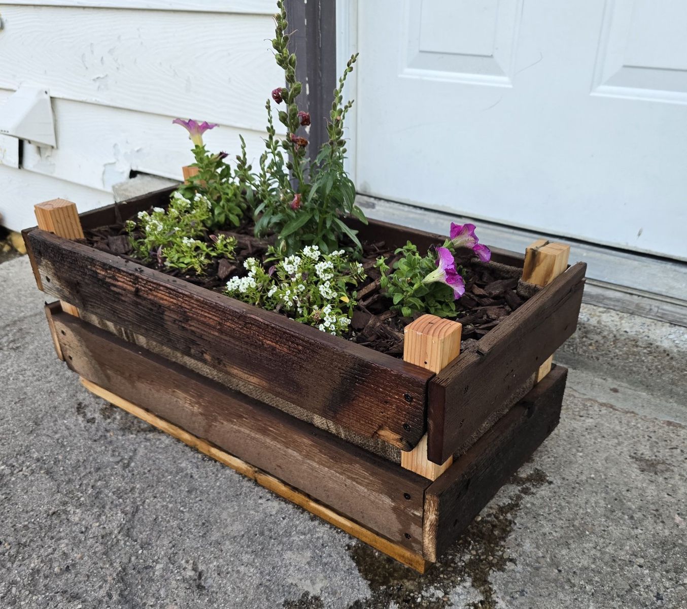 Hand Built Reclaimed Wood Planter with Flowers