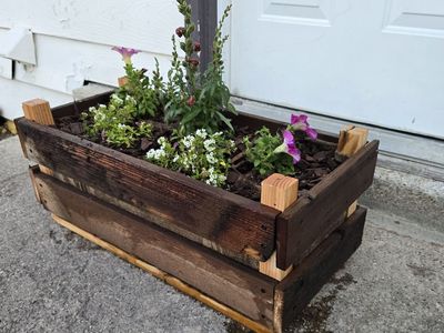 Hand Built Reclaimed Wood Planter with Flowers