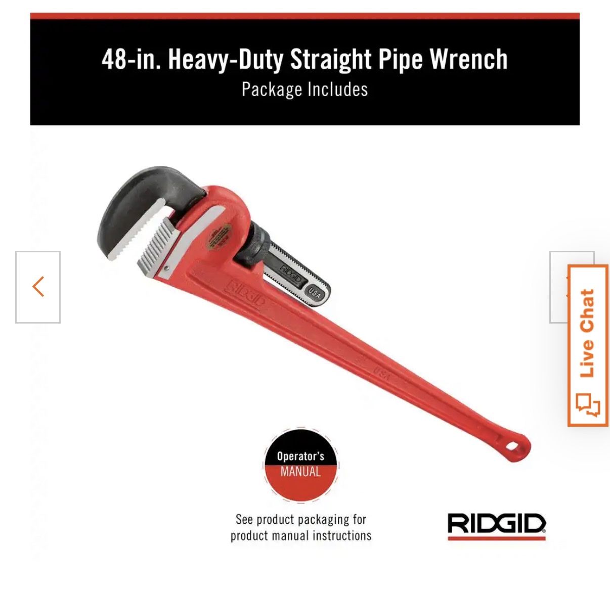 RIDGID 48-inch Heavy-Duty Straight Pipe Wrench - Red