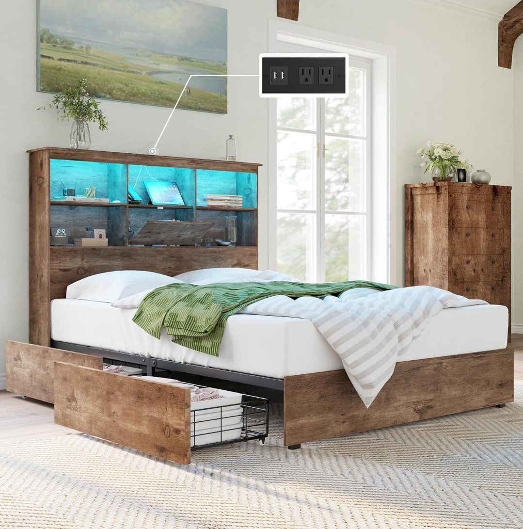 Brand New Queen Bed Frame with Storage Drawers, Bookcase Headboard, LED Lights & Charging Station  #460