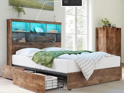 Brand New Queen Bed Frame with Storage Drawers, Bookcase Headboard, LED Lights & Charging Station #460