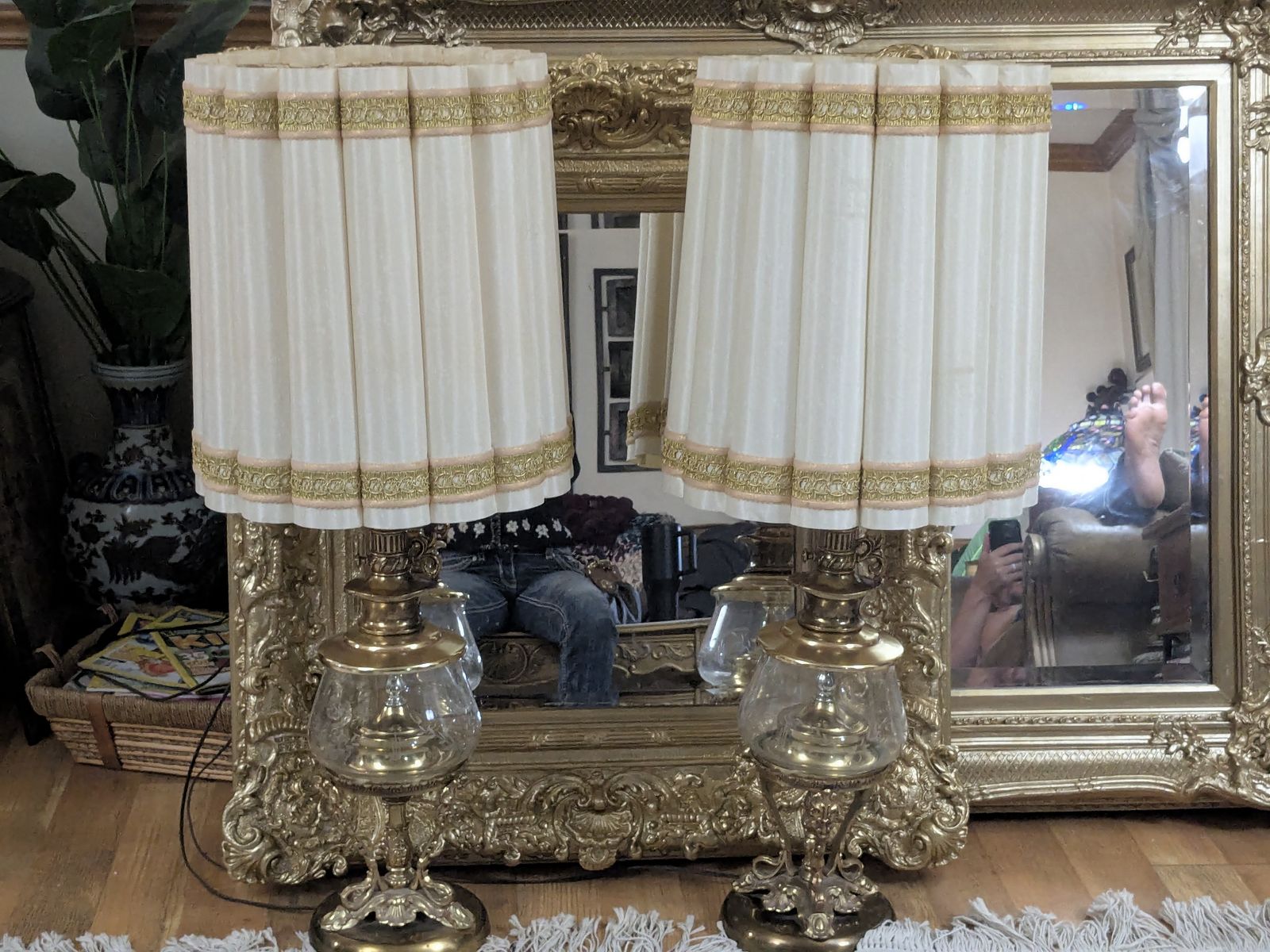 38" Gracious Hollywood Regency Brass and Glass Table lamps