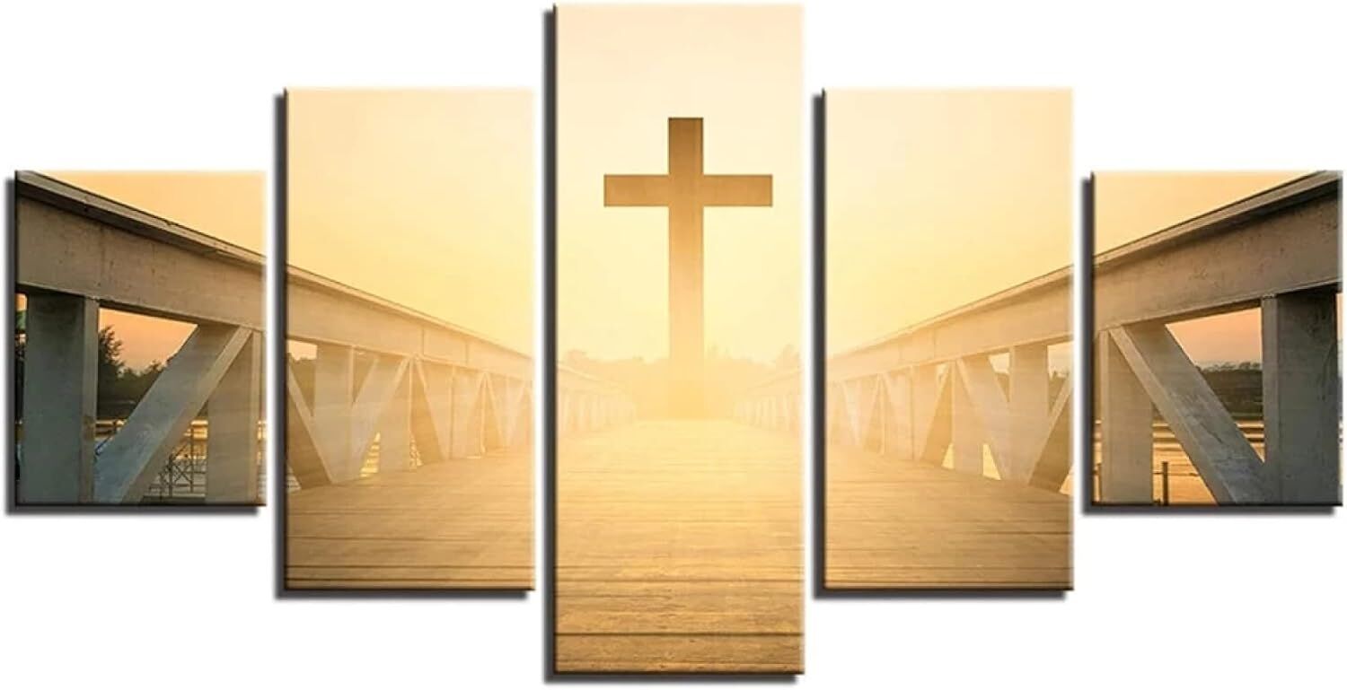 5 Pieces Canvas Prints Wall Art Christian Cross In The Sun Landscape HD Painting Modern Home
