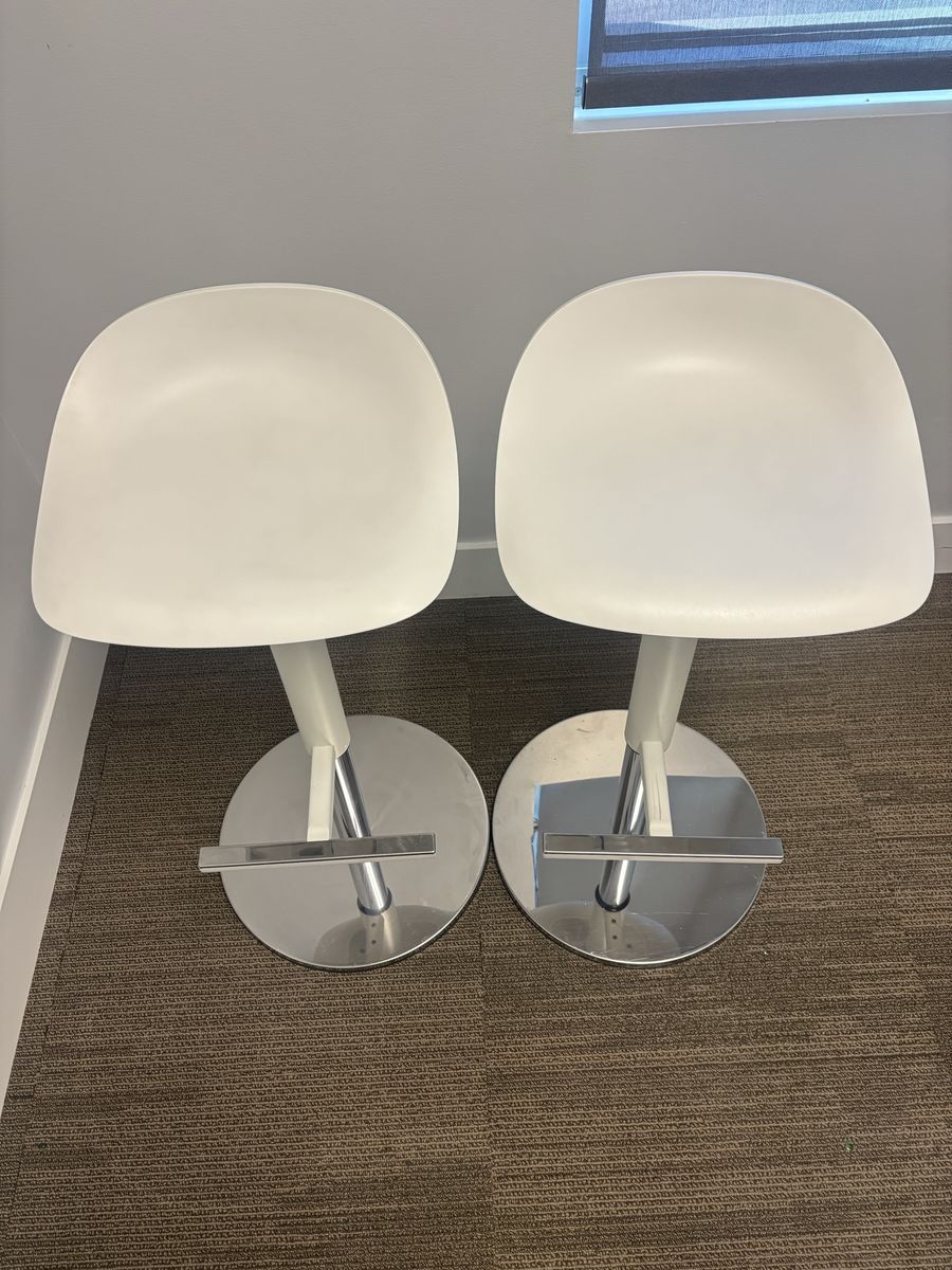 Pair of Modern White Swivel Adjustable Height Bar Stools with Chrome Base