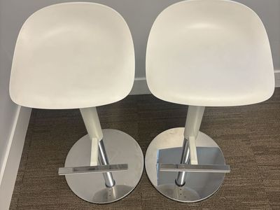 Pair of Modern White Swivel Adjustable Height Bar Stools with Chrome Base