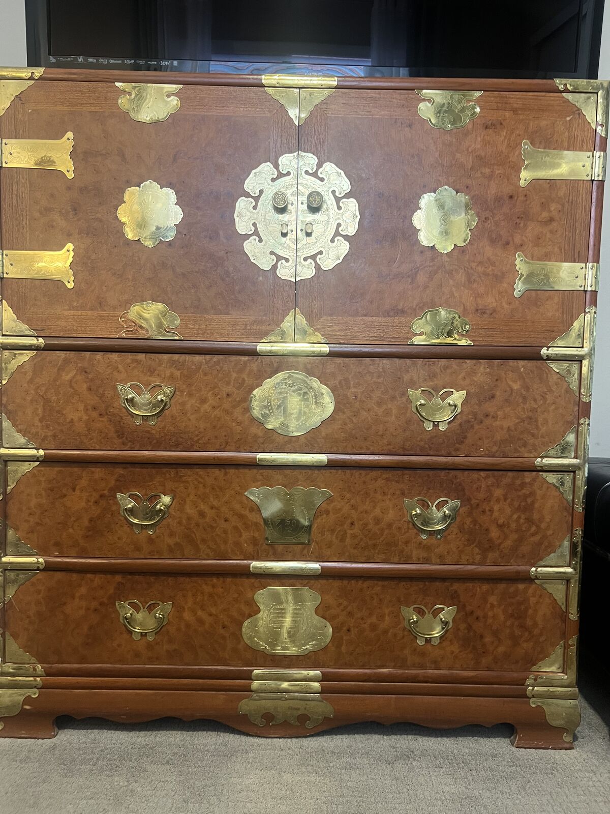 Three Vintage Chinoiserie Teak & Burl Chests OBO