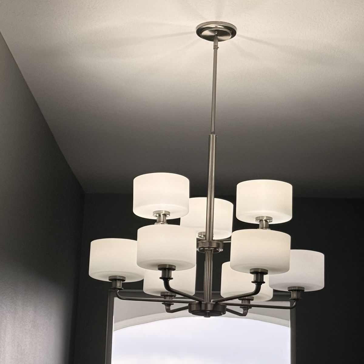 Modern Farmhouse Brushed Nickel Lighting Set – Dining Chandelier, Entry Chandelier + 3 Kitchen Island Pendant Lights