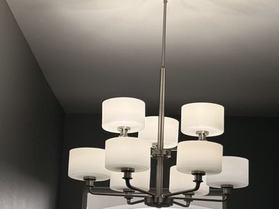Modern Farmhouse Brushed Nickel Lighting Set – Dining Chandelier, Entry Chandelier + 3 Kitchen Island Pendant Lights